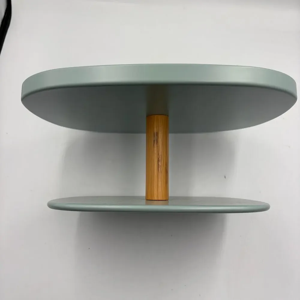 IKEA Krustistel Serving Display Stand Sage Green Metal Bamboo Pedestal